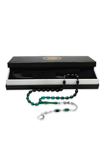 Tesbihane Ayyıldız Metal Tasseled - Barley Cut Filtered Rosary, Turquoise-Black Fire Amber