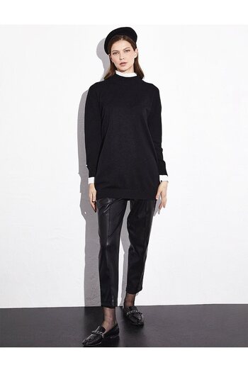Kayra Black Pleated Sleeve Knitwear Tunic