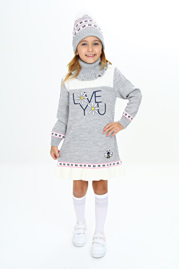 Sevimli Girl's Winter Dress Daisy Embroidered Set of 3 with Beanie and Neck Collar