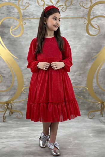 Riccotarz Girl's Silvery Red Evening Dress with Crew Neckline Sleeves Sheer Skirt Tulle