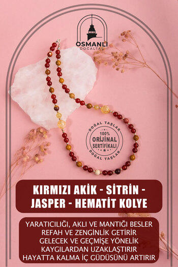 OSMANLI DOĞAL TAŞ Red Agate-citrine-jasper-hematite Natural Stone Silver Necklace