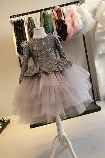 Mashotrend Feather Shoulder V Back Sequined Girls' Dress - Children's Evening Dress - Girls' Evening Dress - Children's Graduation Dress