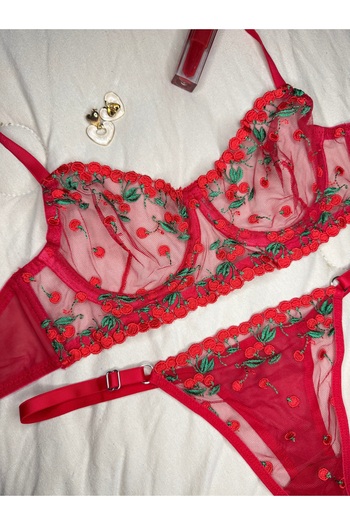 ROZENİN LINGERIE Σετ σουτιέν από τούλι χωρίς κάλυμμα με κόκκινο πράσινο κεράσι (ΣΟΥΤΙΕΝ TANGA)