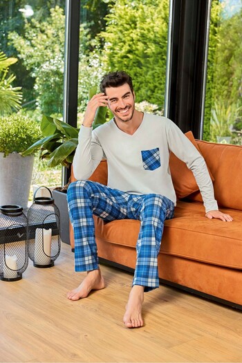 Aydoğan Aydoğan Men's V-Neck Long Sleeve Pajamas Set - Plaid Pattern, Light Gray