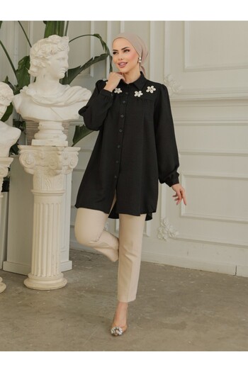 Modamorfo Robadan Drawstring Linen Tunic with Special Appliques - Black