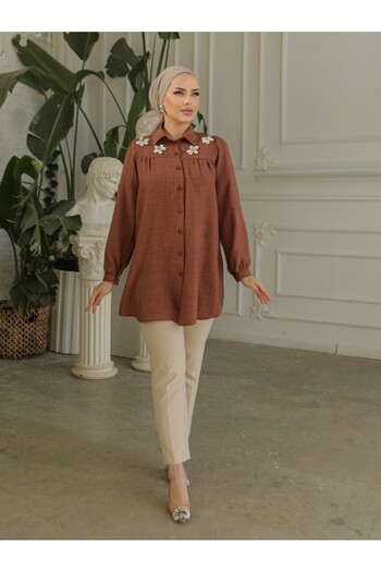 Modamorfo Special Appliqued Robdan Linen Tunic - Drawstring, Brown