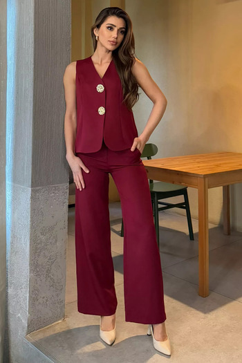 GÜLSELİ Burgundy Button Detailed Vest Trousers Double Set