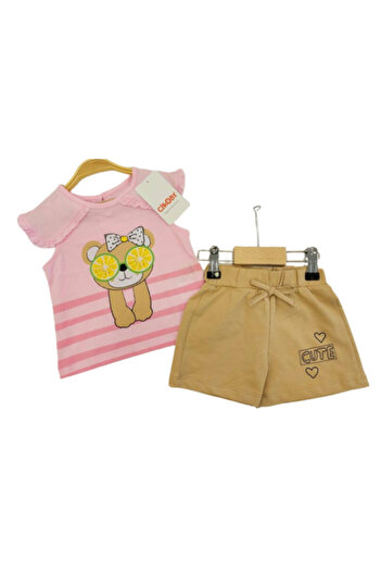 Çikoby Pink Printed Girls' Set - T-Shirt and Beige Shorts