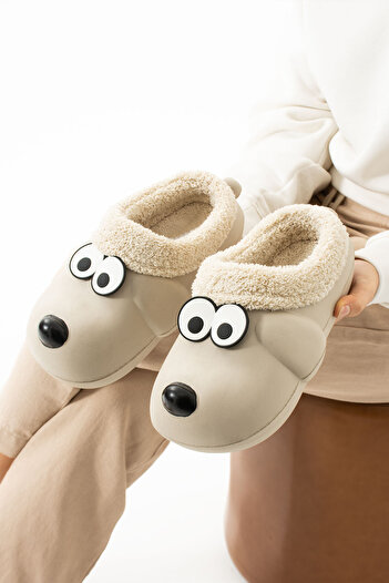 Moda Devrin Beige Animal Waterproof Eva Slippers with Dog Figure Inside Plush Garden Balcony Home Shoes