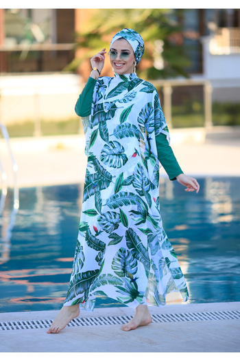 Remsa Mayo Patterned Kaftan Single Pareo Green Leaves on Hijab Swimsuit