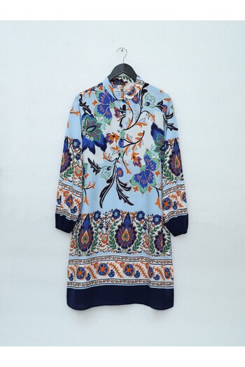 Modamorfo Floral Print Half Button Cotton Viscose Tunic - Navy