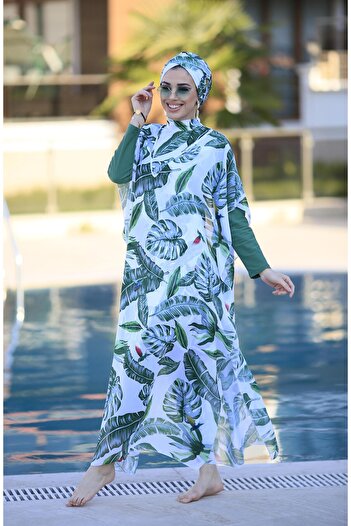 Remsa Mayo Patterned Kaftan Pareo Green Leaves on Hijab Swimsuit
