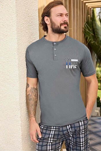Aydoğan Aydoğan Men's Pajamas Set - Single Jersey Cotton, Short Sleeve, Plaid Pattern, Motted Gray
