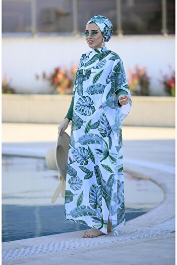 Remsa Mayo Patterned Kaftan Pareo Green Leaves on Hijab Swimsuit