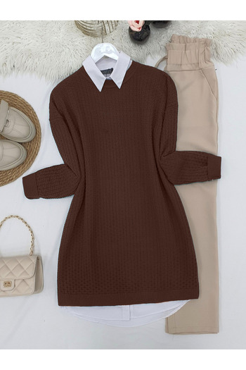 Modamorfo Crew Neck Knitted Patterned Knitwear Tunic -Brown