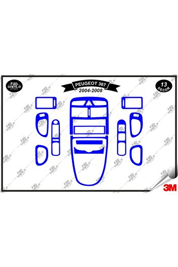 FD Damla Etiket Peugeot 307 2004-2008 Decorație albastră pentru consola torpedo - Set de 13 bucăți din furnir de mahon