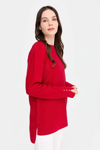 Desen Triko Red Women's Sweater - Crew Neck and Slit 24357