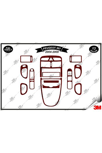 FD Damla Etiket Peugeot 307 2004-2008 Garnitură Consolă Torpedo - Set 13 bucăți din furnir de mahon
