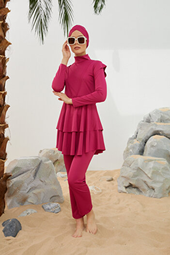 Remsa Mayo Lycra Fully Covered Hijab Swimsuit Swimsuit Ruffle Detailed T223-46 Fuchsia