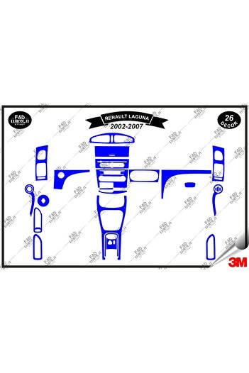 FD Damla Etiket Renault Laguna 2002-2007 Set de finisare din mahon pentru consola de torpedo albastru - 26 buc.