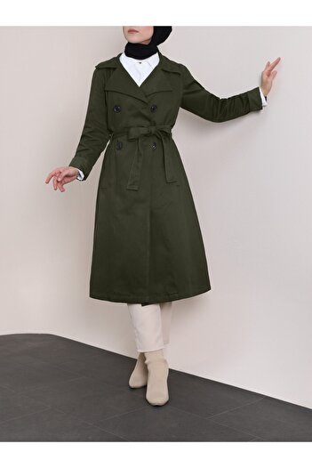 Modamorfo Sleeve Folded Buttoned Belted Trench Coat -Khaki