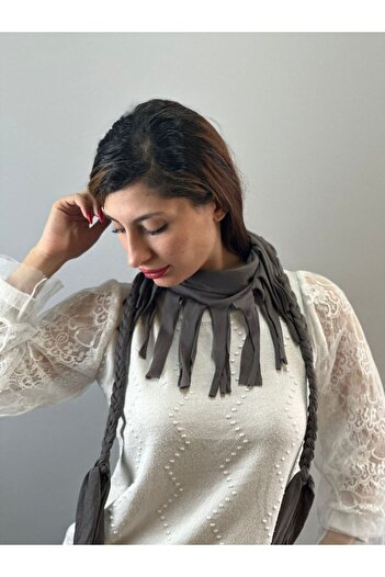 Gönülden Tasarım Gray Combed Cotton Tasseled Women's Scarf Shawl - 150X5 cm
