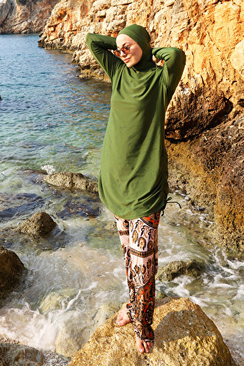 Remsa Mayo Khaki Hijab Swimsuit - Lycra, Full Covered, Wide Leg, 900-303 Model