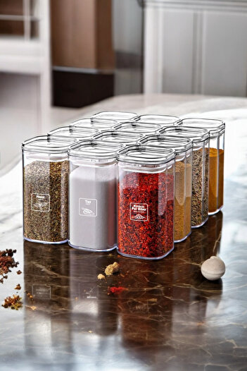 Carat Home Etiketli 12'li Akrilik Vakumlu Kare Baharatlık Seti 250 ml - Sızdırmaz Kapaklı Baharatlık Takımı