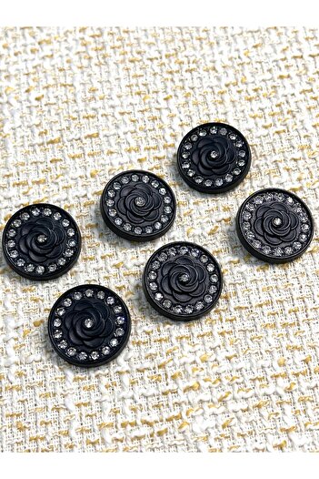 ODDA TASARIM ATÖLYESİ Full Black Floral Pattern Crystal Stone Covered Jacket Button Set(36Size)