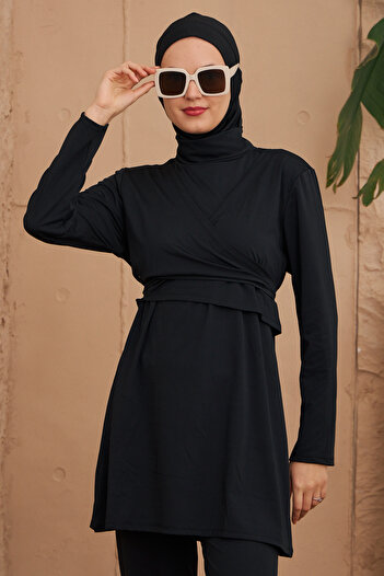 Remsa Mayo Butterfly Patterned Lycra Double Breasted Hijab Swimsuit - 4024 Black