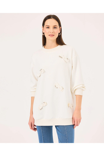 SEÇİL Stone Detailed Round Neck Sweatshirt - Ekru