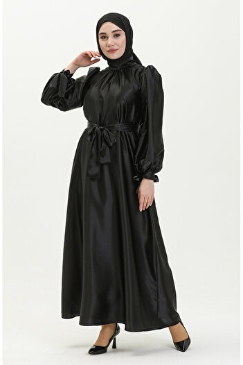 sefamerve Black Satin Belted Dress - 80153-03