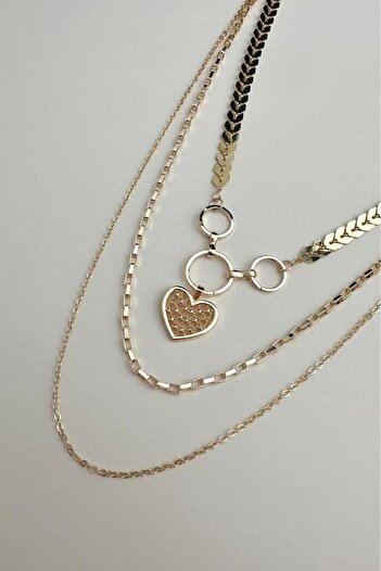 Modex Gold Color Zircon Stone Heart Figured Triple Necklace