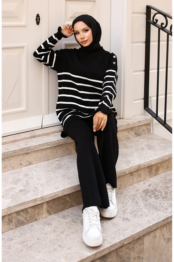 sefamerve Black Striped Shoulder Detailed Knitwear Set 24019-03