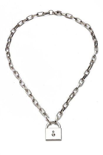 Modex Silver Color Lock Detailed Chain Necklace