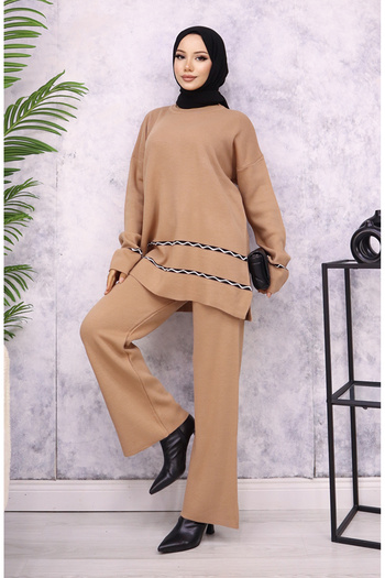 sefamerve Milk Coffee Stitching Detailed Knitwear Set - 24029-02