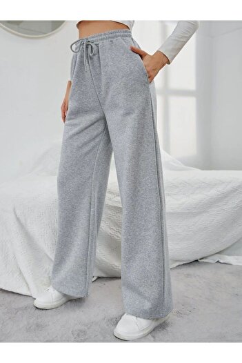 kallima Gray Winter Thick Raised Fleece Inside High Waist Wide Leg Lace-Up Sweatpants with Hidden Pockets