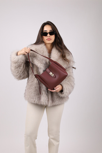 NOTHING Women's Burgundy Gold Lock Detailed Accessory Adjustable Lock Strap Handbag and Shoulder Bag