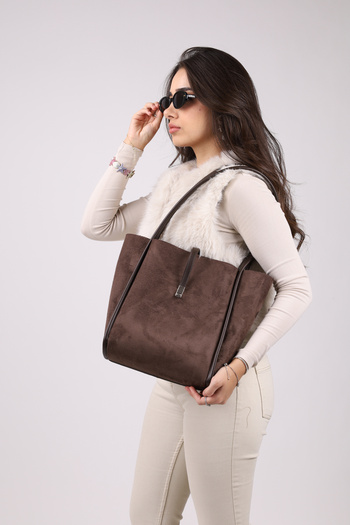 NOTHING Women's Suede Bitter Brown Hand and Shoulder Bag with Magnet Closure Makeup Bag L:30 W:33 W:15 cm Jade
