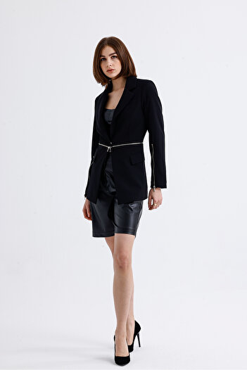 Sense Scuba Crepe Jacket with Metal Zipper - Lining and Sleeves, Black |   Ckt34819