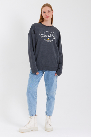 Superlife Süperlife Kadın Bisiklet Yaka Regular Fit El Yazılı Brooklyn İnce Sweatshirt SPR23SWK331
