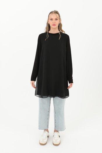 Puane Women's Turtleneck Tulle Detailed Blouse - 10269Tun - Black