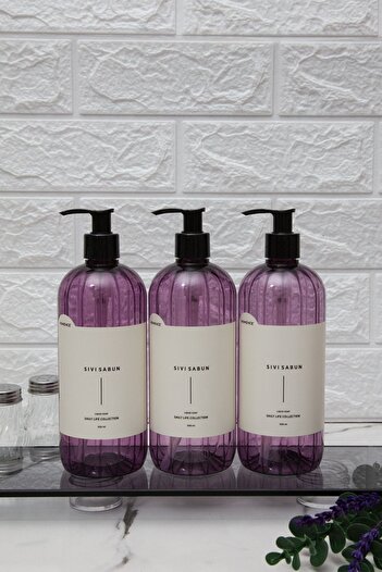 homence Set of 3 Liquid Soap Plastic Bottles with Labels Purple Soap Dispenser 500 ml