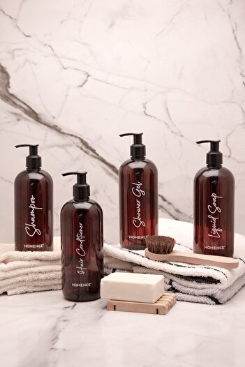 homence 4-Piece Shampoo Shower Gel Conditioner Liquid Soap Printed Plastic Bottle Bathroom Set Amber Soap Dispenser 500 ml