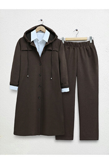 Modamorfo Hooded Buttoned Double Set - Brown