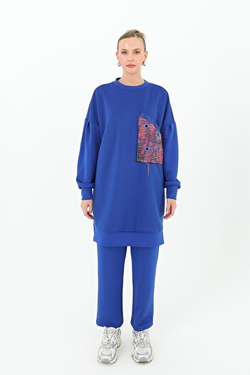 Puane Women's Patterned Single Pocket Detailed Tunic - 10574Tun - Sax Blue