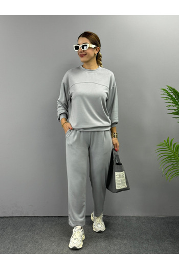Kokosh moda Women's Long Sleeve Crew Neck Viscose Two Thread Blouse and Pants Double Suit
