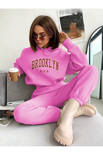 MODARİCH Brooklyn Usa Kapüşonlu Kombin Alt Üst Eşofman Takımı - Pembe Baskılı Oversize Lastik Paça