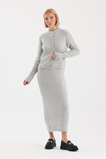 soBasic Ζακέτα Crew Neck Boucle και Φούστα - Πλεκτό Σετ-STD - Stone