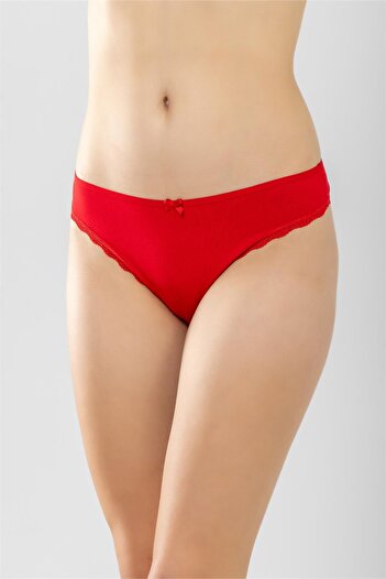 BAYKAR Cotton Brazilian Cut Basic Panties with Lace Edges Red